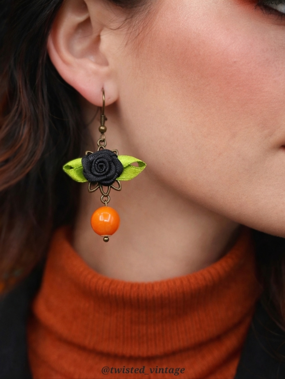 Handmade Black Orange Country Rose Earrings, Shabby Chic Fall Halloween Rosette
